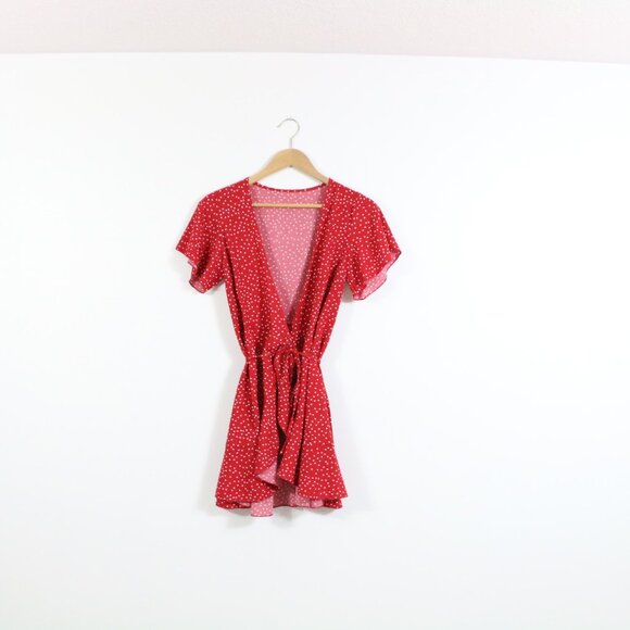 *SHEIN Holidaya Polka Dot Knot Side Wrap A-line Red Dress - Picture 4 of 9